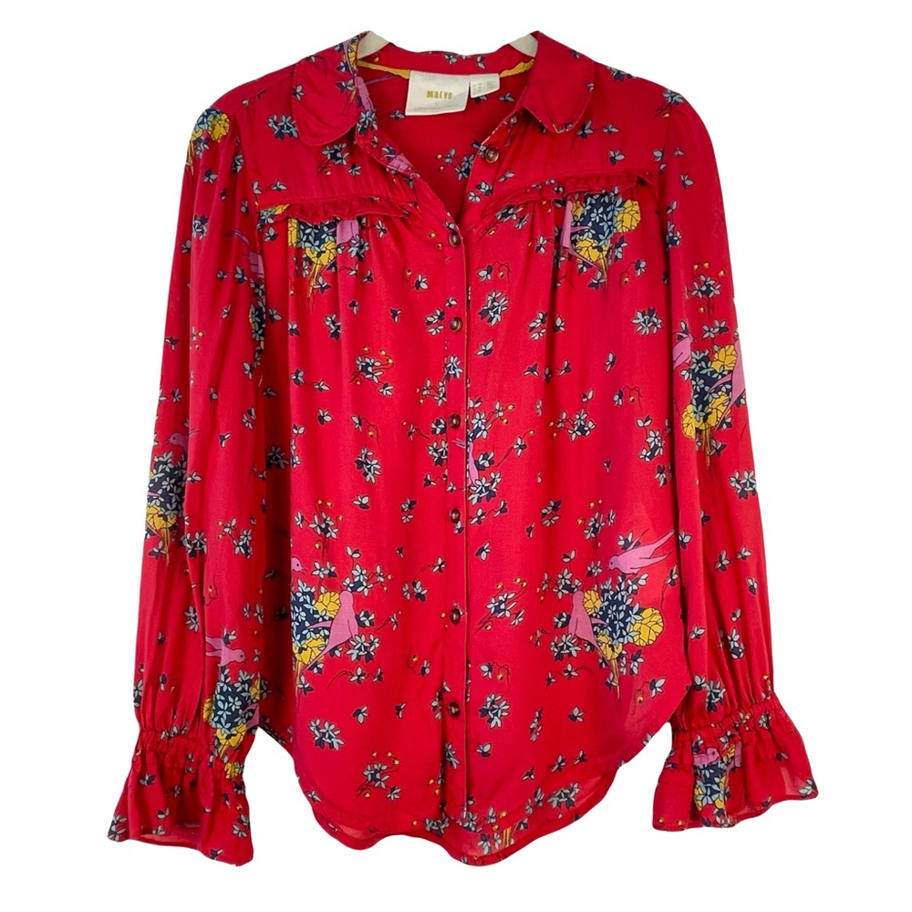 Maeve Anthropologie Fredericka Birds Blouse Red Size 0 EUC